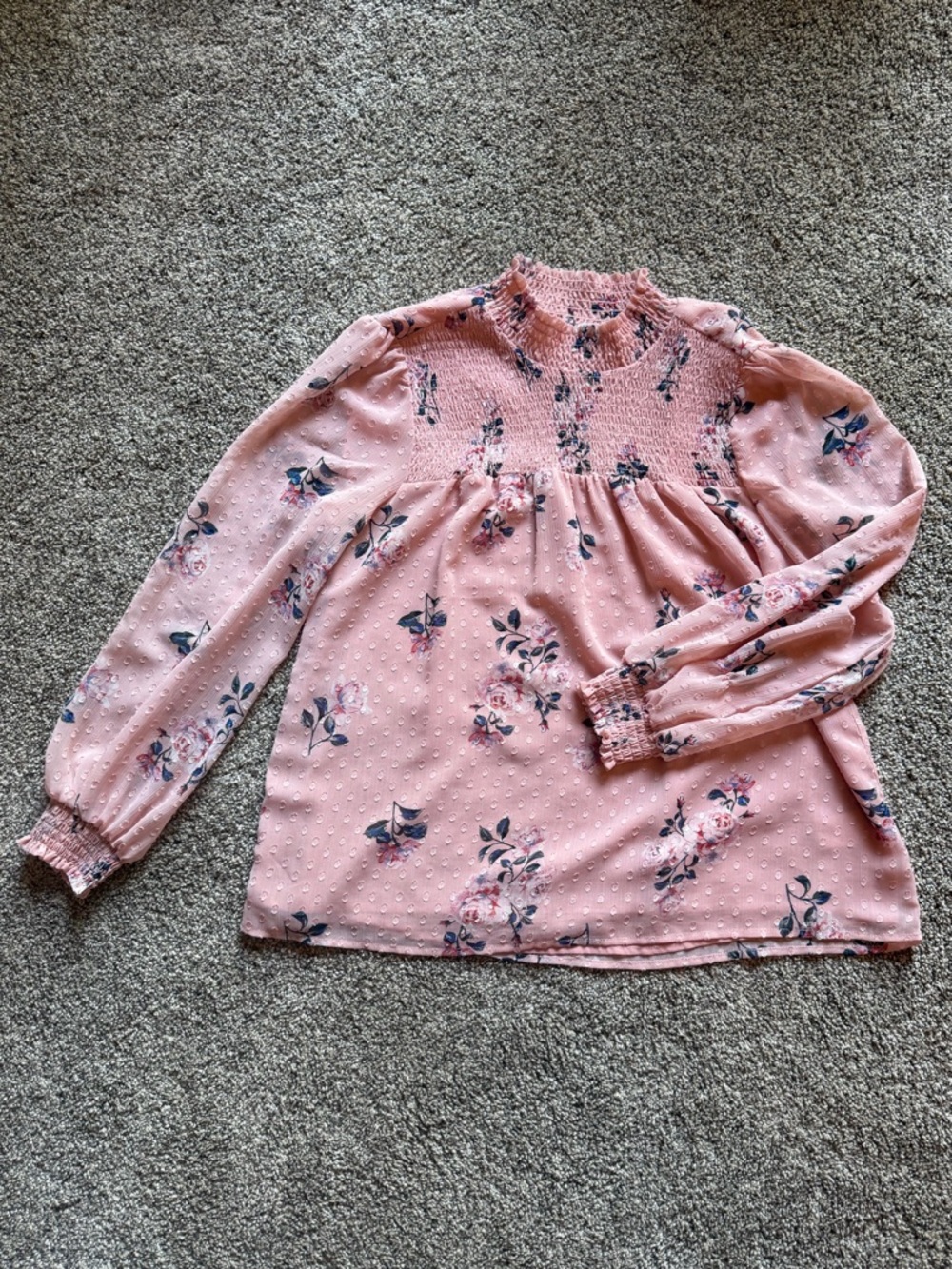 Feminine Pink Floral Smocked High-Neck Blouse Coquette Fairy Whimsy Boho Size L